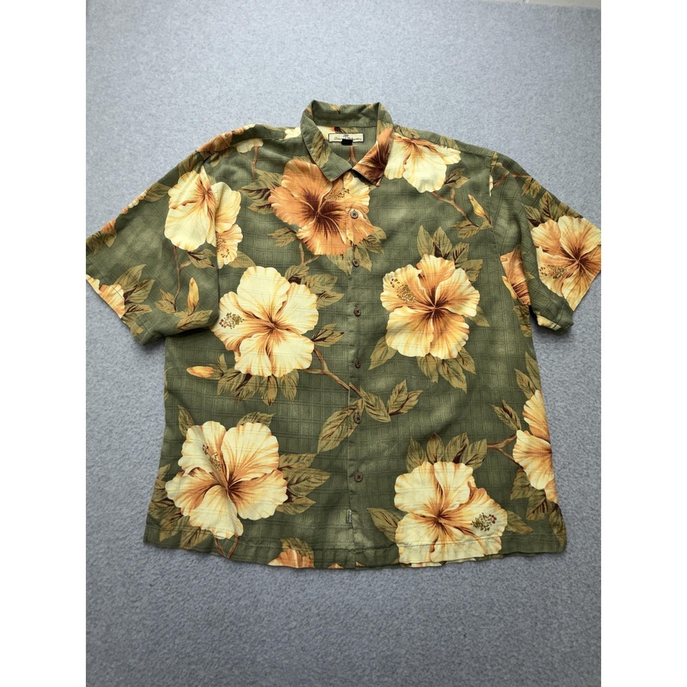Tommy Bahama Shirt Mens XL Green Floral Silk Hawaiian Short Sleeve Button Casual